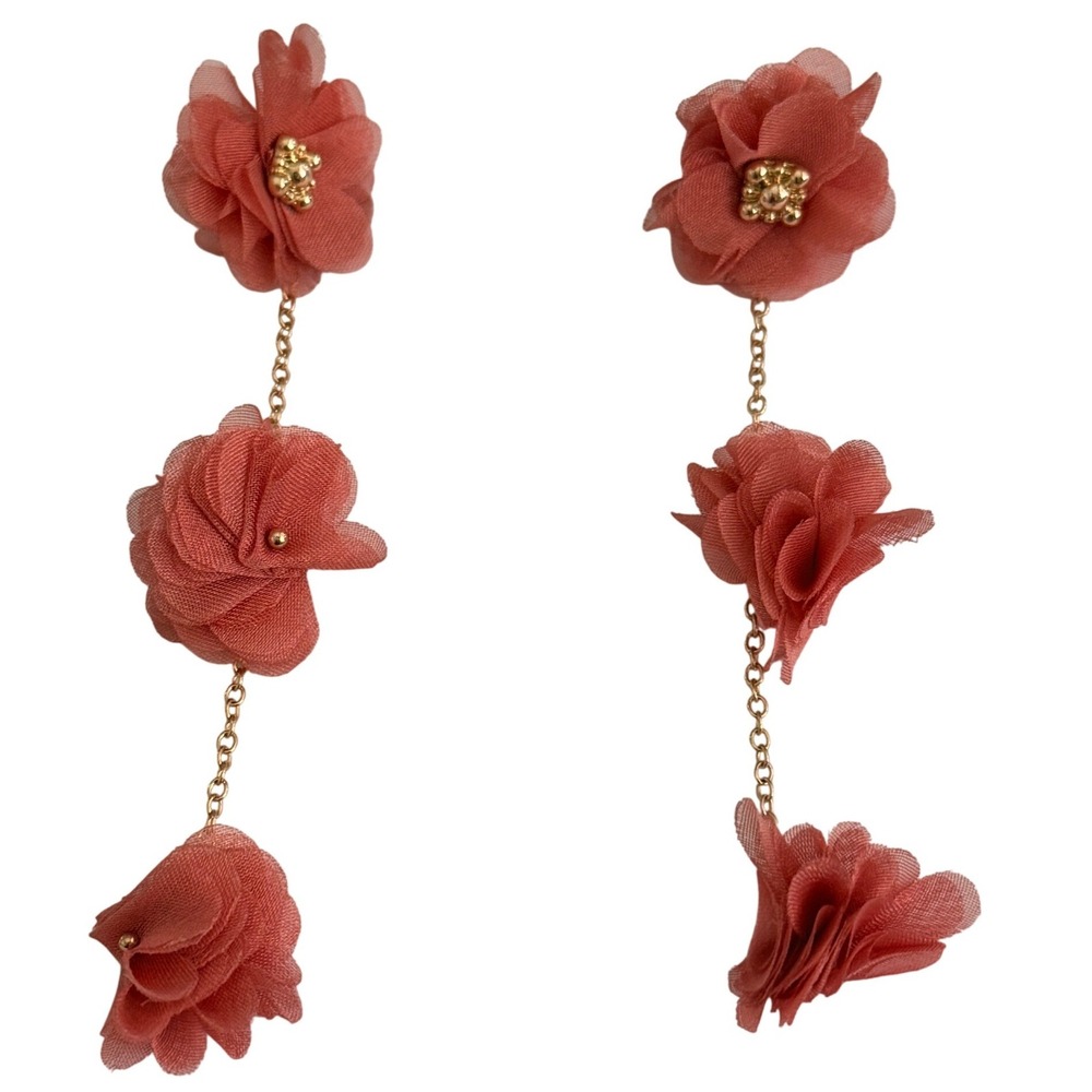 Vintage Floral Drop Earrings Triple Chiffon Flower Dangle Pink Gold Tone 4.5" L